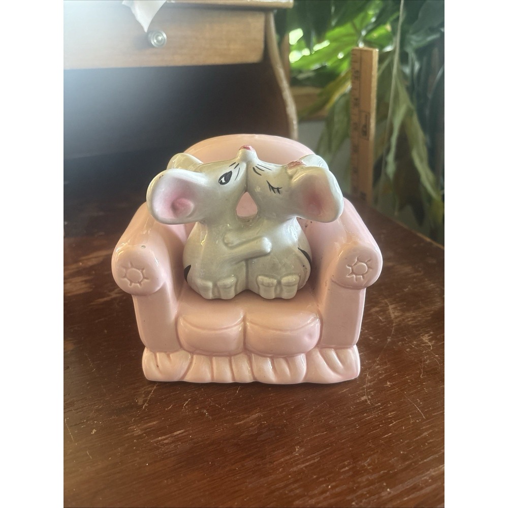 Vintage Ceramic Kissing Mice On Pink Chair Piggy Bank With Stopper